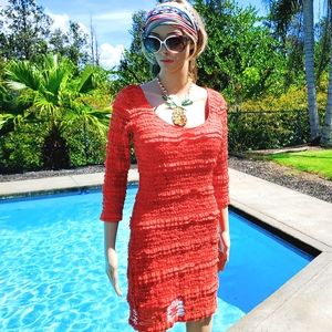 Max Studio Edition Women's M Bodycon Sheath Dress Ruffle & Lace 3/4 Sleeve Coral